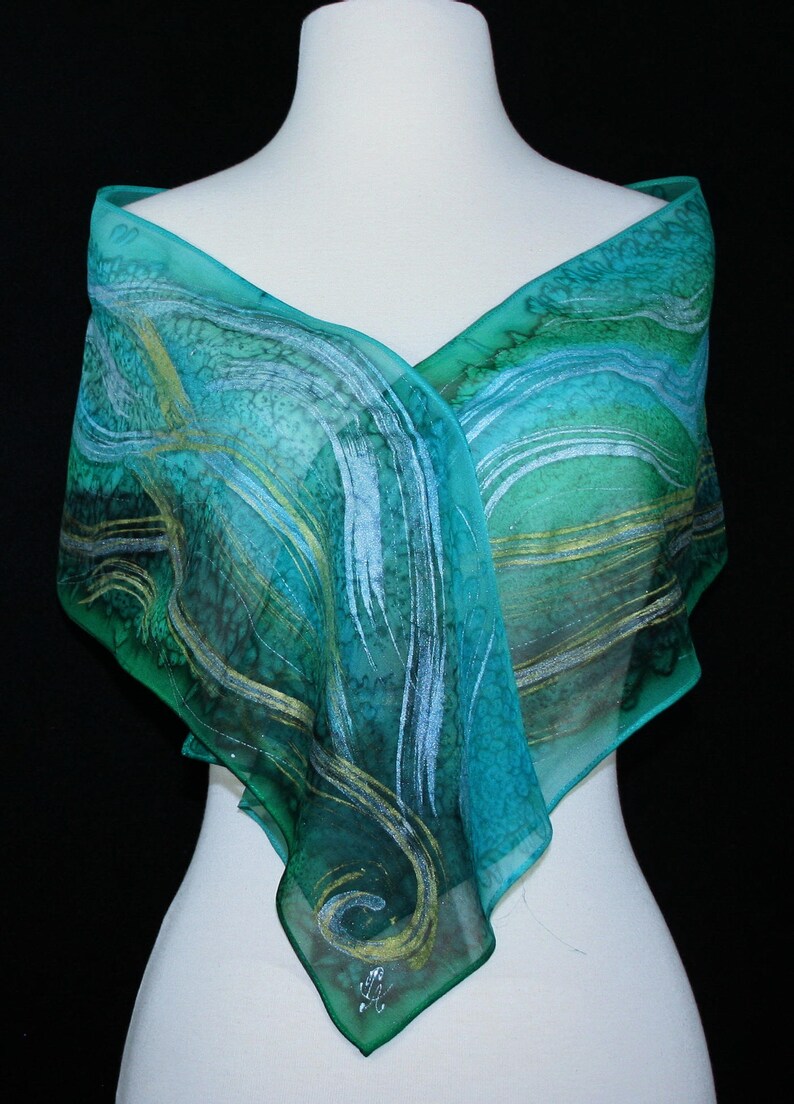 Green Chiffon Silk Scarf Hand Painted NATURAL TREASURE, by Silk Scarves Colorado. Select Your SIZE Birthday Bridesmaid Gift Christmas Gift image 4