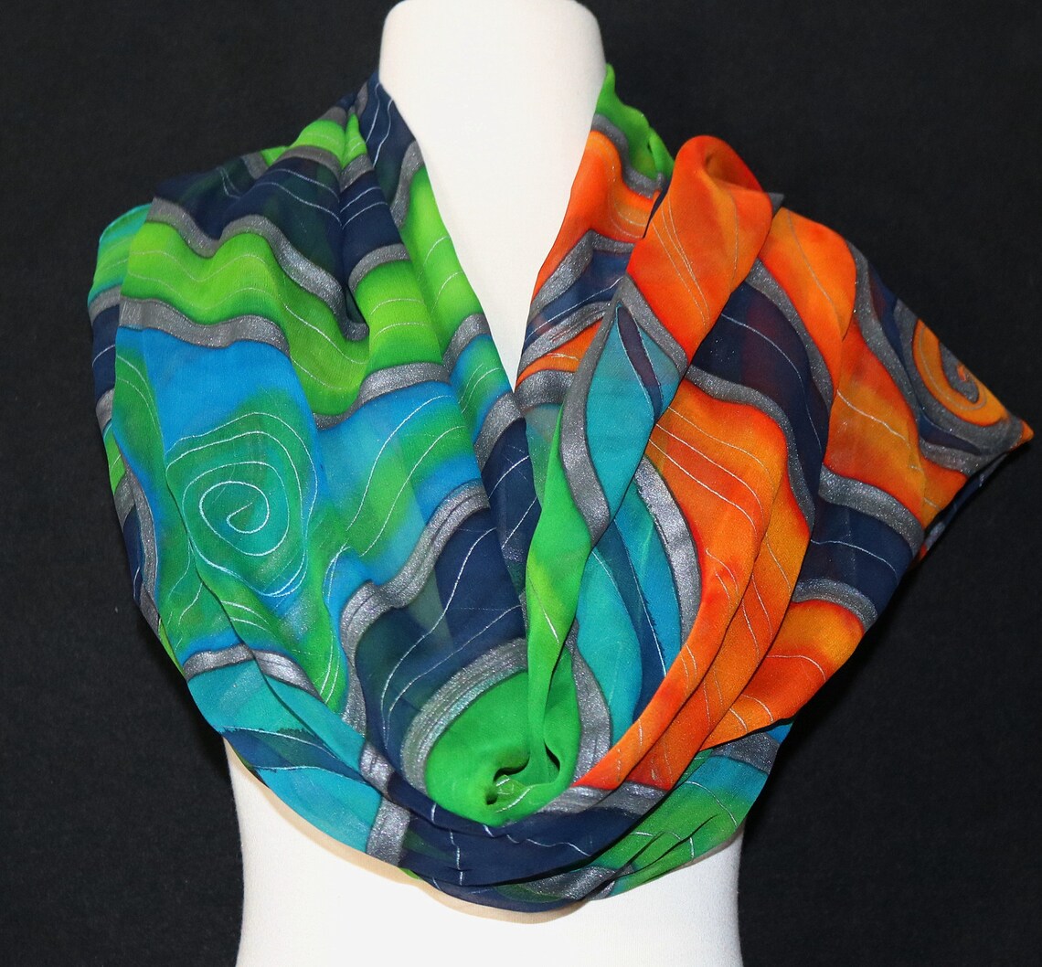 Green Blue Orange Silk Scarf Hand Painted Chiffon Shawl OCEAN Etsy