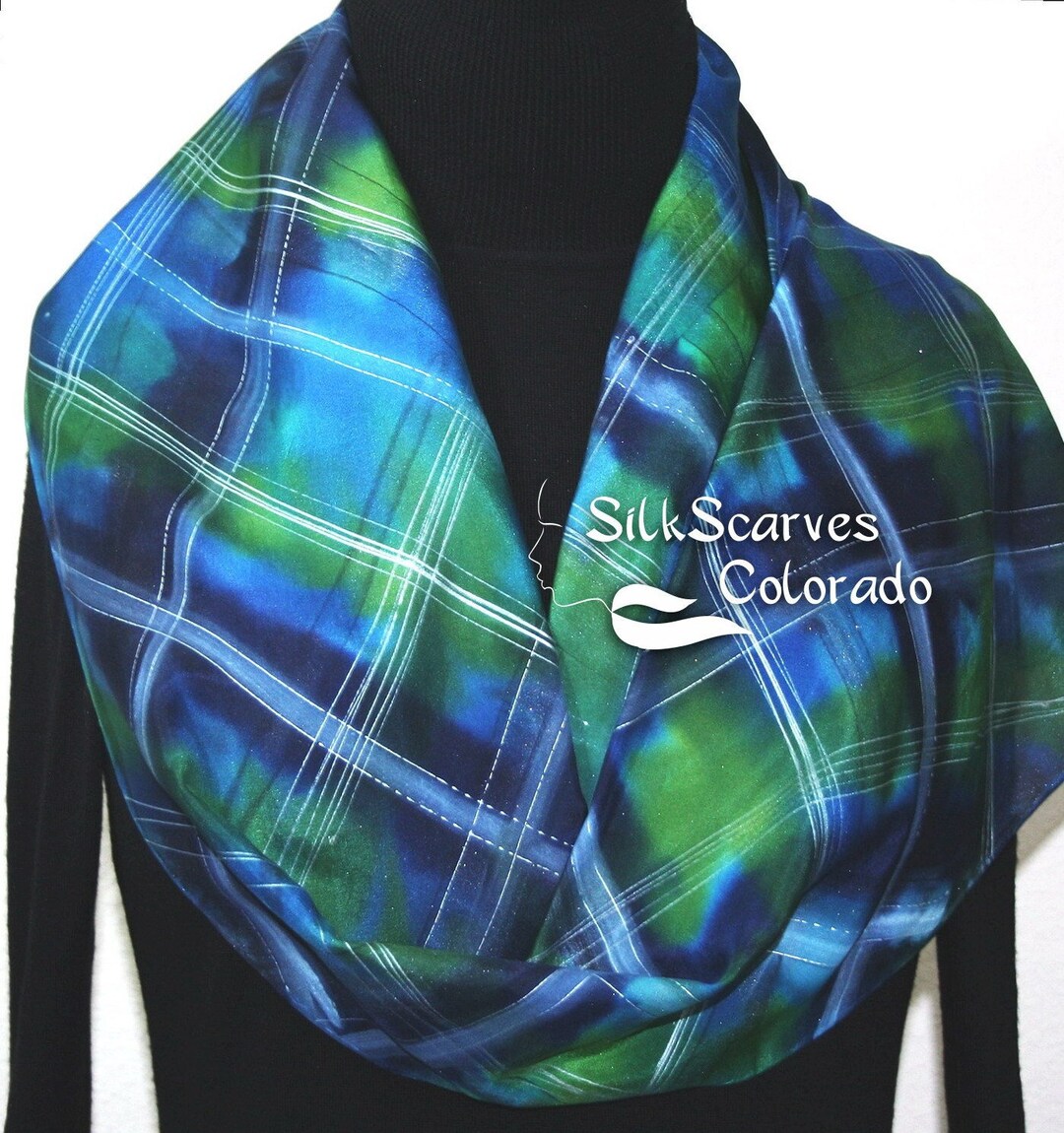Scottish Pattern Blue Green Silk Scarf Hand Painted SCOTTISH