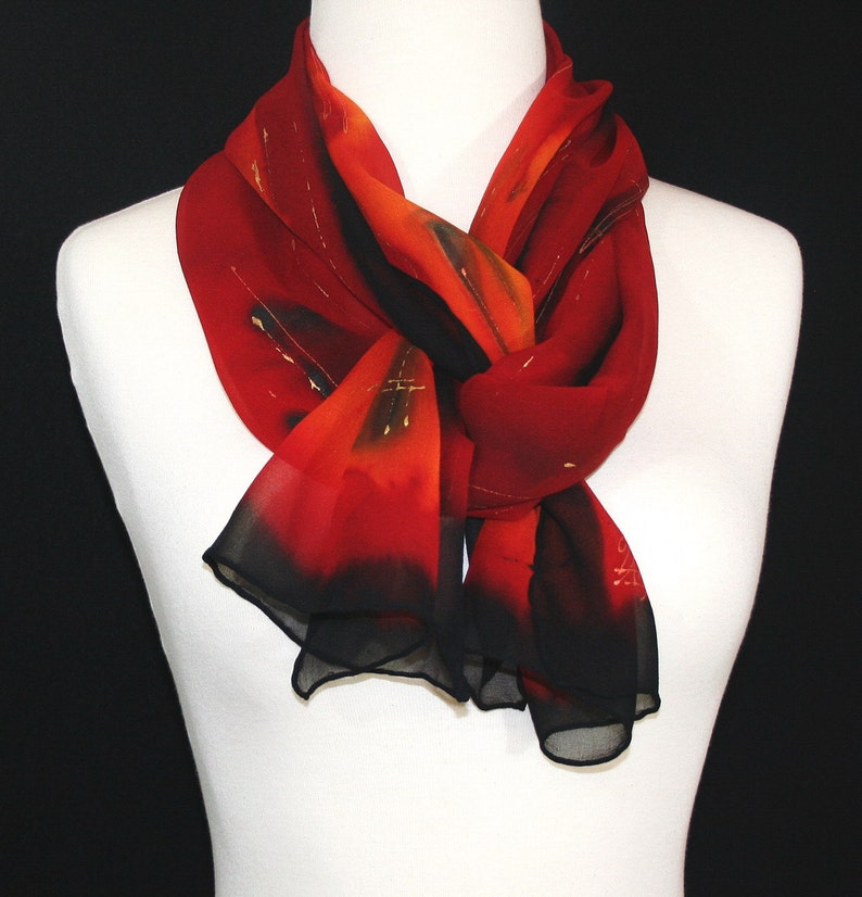 Silk Scarf, Red, Black Hand Painted Chiffon Shawl NIGHT PASSION, Silk