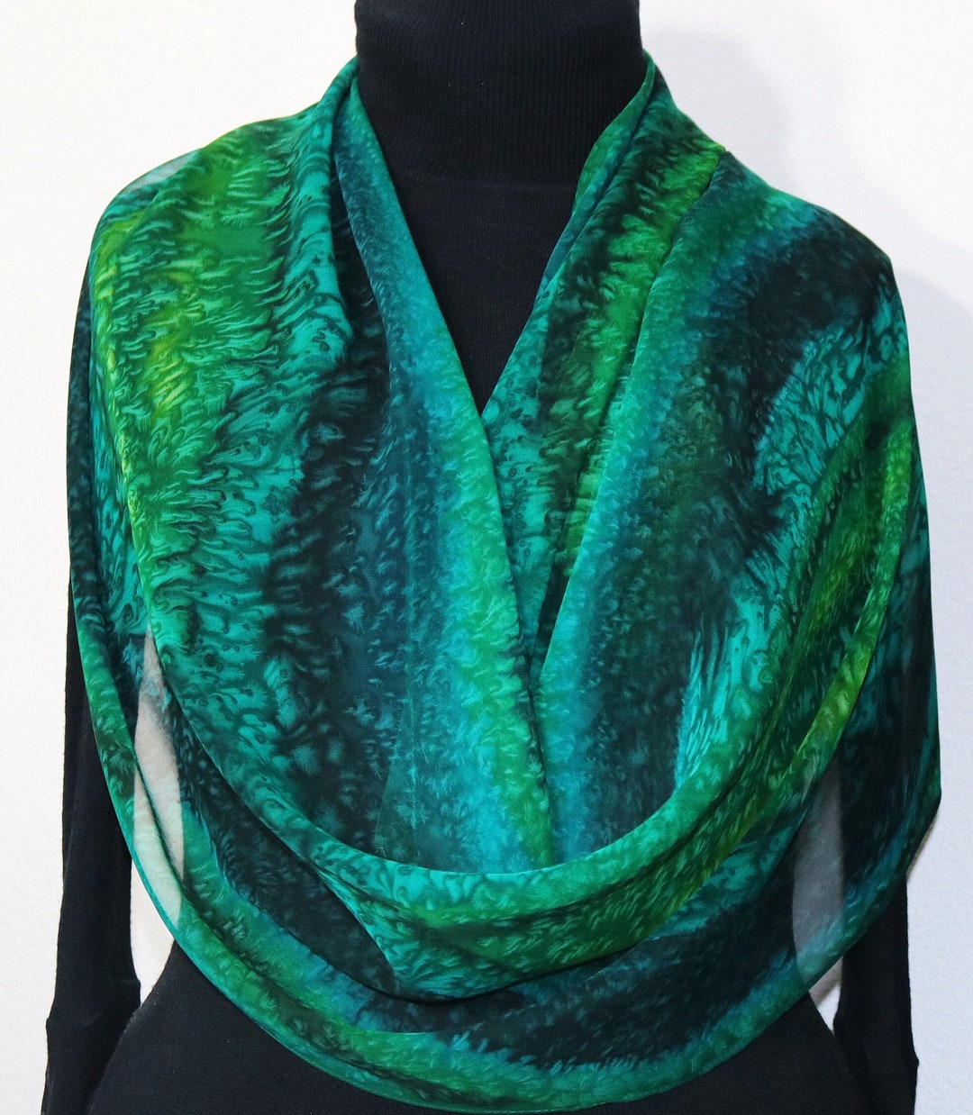 Green Chiffon Silk Scarf Hand Painted Shawl EMERALD WAVES, by Silk