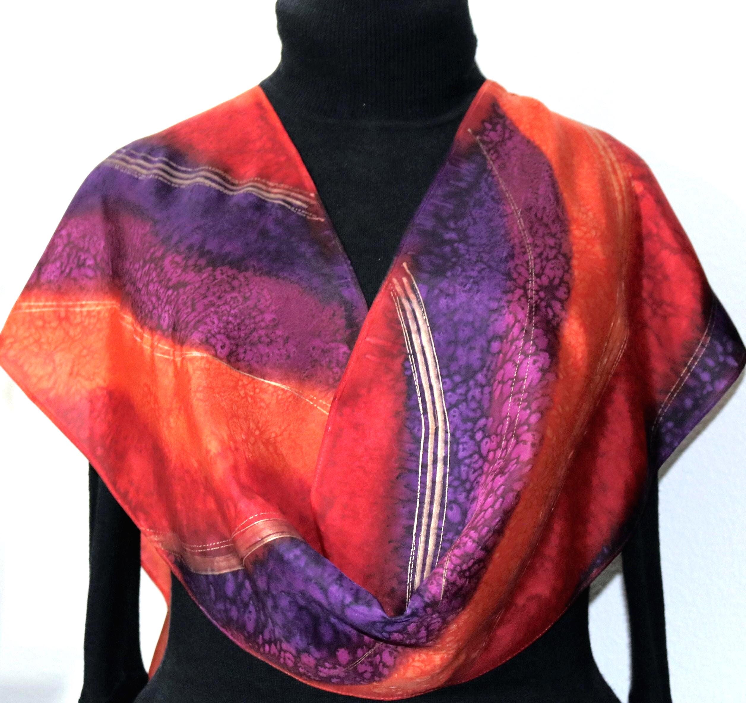 Hand Painted Silk Scarf: Red Orange Purple Shawl, Flames of Love, Silk Scarves Colorado