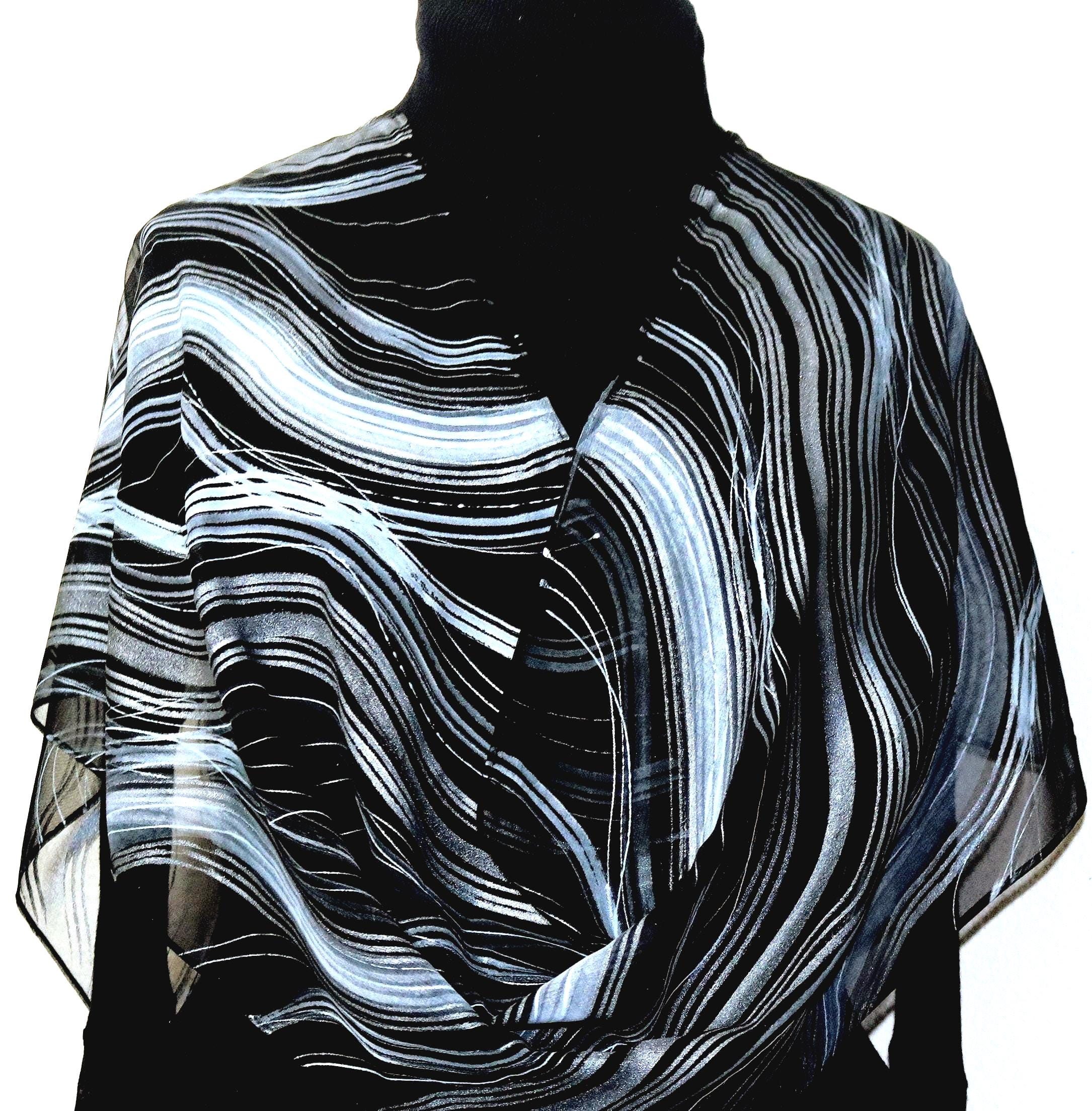 Hand Painted Silk Scarf: Black, White Silver Waves Handmade in