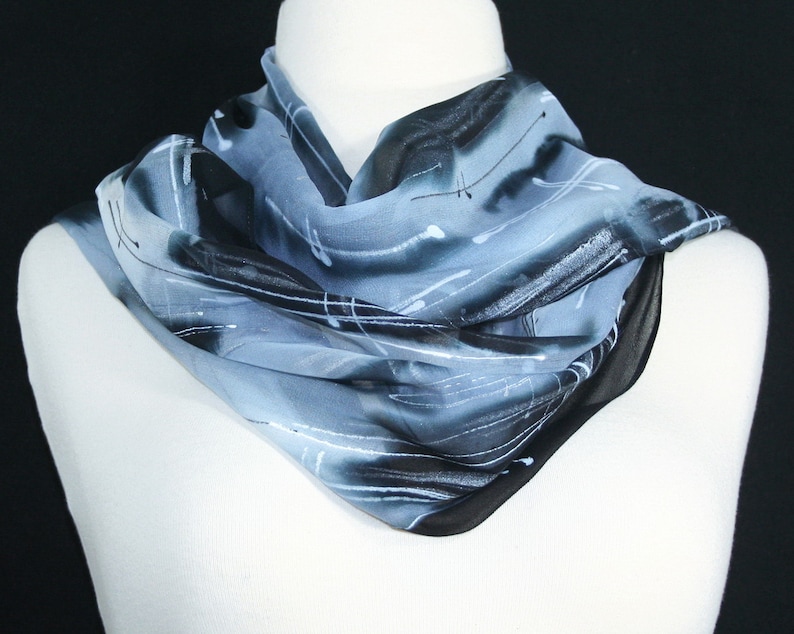 Silk Scarf Black White Gray Hand Painted Chiffon Scarf SALT & PEPPER, Silk Scarves Colorado. Select Your SIZE Birthday Gift, Christmas Gift image 3