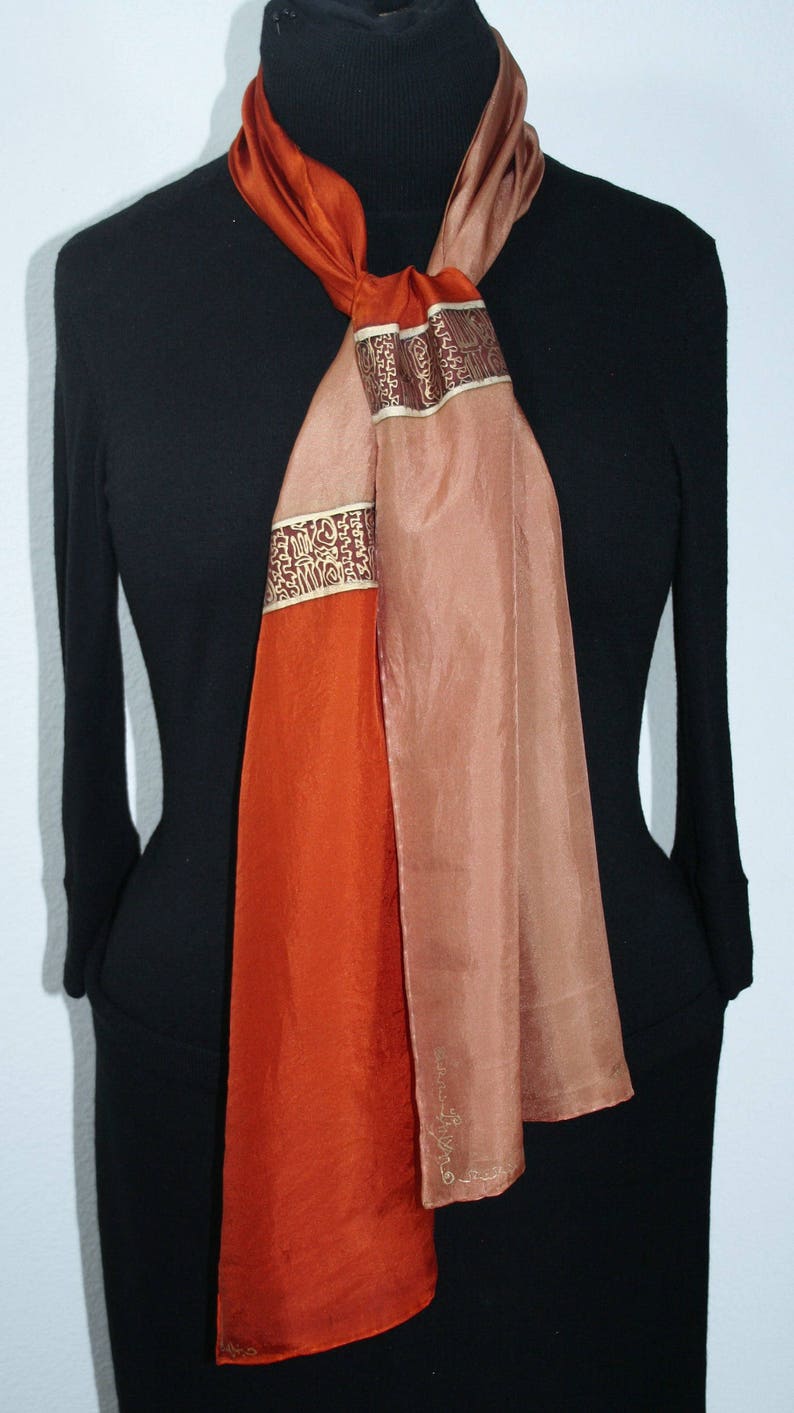 Christmas Gift. Caramel Beige Hand Painted Filigree Shawl COPPER CHIC Silk Scarves Colorado Birthday Size Large14x72 Silk Scarf Copper