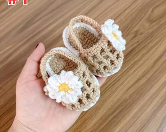 Handmade Crochet Baby Sandals – Black and Brown Knit Shoes with White Daisy Flower – Infant Summer Booties for Baby Shower Gift