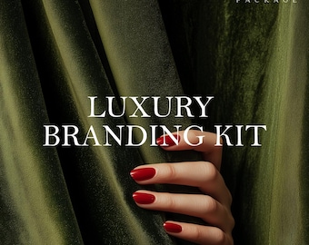 May include: A hand with red nail polish against a backdrop of olive green fabric. The text "LUXURY BRANDING KIT" is displayed in white, along with "CUSTOM PACKAGE" and "DESIGNS FROM SCRATCH".