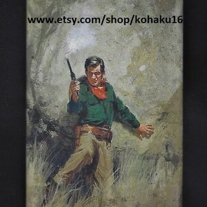 May include: A vintage illustration of a man in a green shirt and brown pants holding a gun. He is standing in a forest setting with a green background. The image has a vintage, faded look.