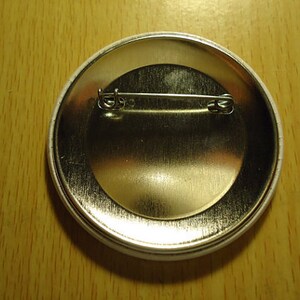 May include: The back of a white button with a silver pin and a metal clasp. The button is round and has a smooth surface.