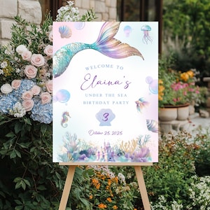 Editable Mermaid Birthday Welcome Sign | Whimsical Under the Sea Party Decor | Mermaid Tail Birthday Poster | Sparkle Mermaid Welcome Sign