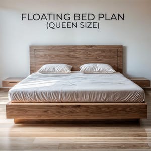 Könnte beinhalten: Ein schwebendes Holzbett mit Kopfteil und zwei Nachttischen. Das Bett hat eine hellfarbige Matratze und zwei Kissen. Der Text "FLOATING BED PLAN (QUEEN SIZE)" befindet sich über dem Bett.