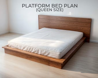 Plano de cama Queen con plataforma, estilo rústico moderno (PDF)