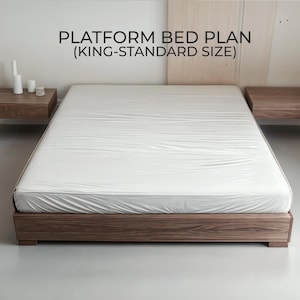 May include: A platform bed plan in a bedroom setting. The bed frame is made of wood and has a white mattress. The text "PLATFORM BED PLAN (KING-STANDARD SIZE)" is displayed above the bed. Two wooden floating nightstands are on either side of the bed.