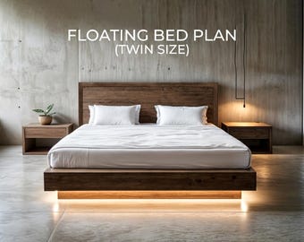 Plano de cama flotante doble DIY, carpintería moderna (PDF digital)