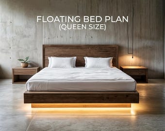 Plano de cama flotante Queen DIY – Carpintería minimalista (Descarga PDF)