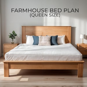 May include: A wooden farmhouse bed frame with a headboard, nightstands, and a queen-size mattress. The bed is made of light-colored wood and has a minimalist design. The bed is made up with white bedding and decorative pillows. The text "FARMHOUSE BED PLAN (QUEEN SIZE)" is above the bed.