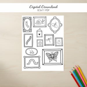May include: A digital download print featuring various insect illustrations in black line art, each framed in different styles. The print includes a caterpillar, snail, moth, fly, ladybug, dragonfly, and butterfly. Text at the top reads "Digital Download 8.5x11 PDF". Colored pencils are in the bottom right corner.