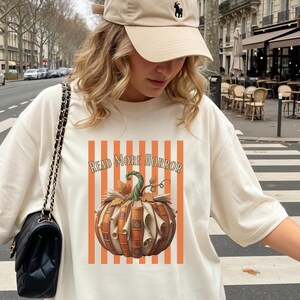 Halloween Librarian T-Shirt: Pumpkin Book Spooky Tee - Unisex Shirt, Trendy Stripes Bookish Graphic Tee,Print Only — Not a Patch