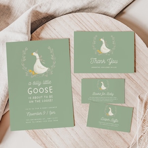 Silly Goose Baby Shower Invitation Bundle, A Silly Goose on the Loose Baby Shower, Editable Canva Template, Digital Download