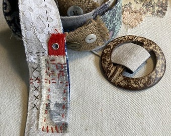 Cotton Canvas Patches Fabric Belt/ Linen Belt/ Beaded Belt/Vintage Belt/Blue Belt