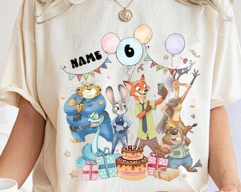 Nom personnalisé âge Zootopie 2 anniversaire chemise, cadeau d'anniversaire Disney Judy Hopps Nick Wilde Gary De'snake, t-shirt famille Disneyland