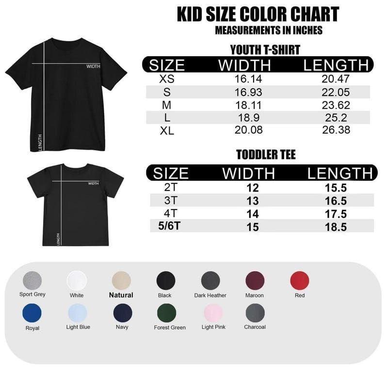 May include: A black t-shirt with a size chart for youth and toddler tees. The chart includes measurements in inches for width and length, along with a colour chart featuring various colours like black, red, and navy.