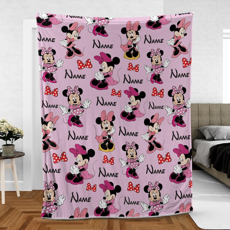 Custom Name Minnie Blanket, Personalized Watercolor Minnie Mouse Blanket, Magical Blanket, Kid Name Blanket, Minnie Birthday Gifts image 1