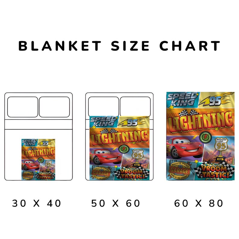 May include: A blanket size chart displays three blanket sizes: 30 x 40 inches, 50 x 60 inches, and 60 x 80 inches. Each blanket features a colorful design with the text "Lightning" and a race car.