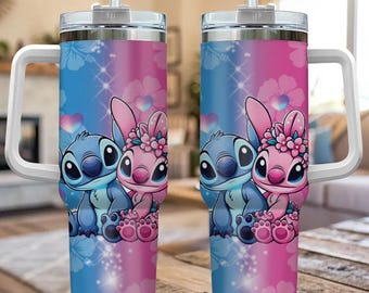 Personalized Disney Stitch And Angel Tumbler 40OZ Cup, Disney Couple Tumbler Cup, Disney Stitch Tumbler With Straw