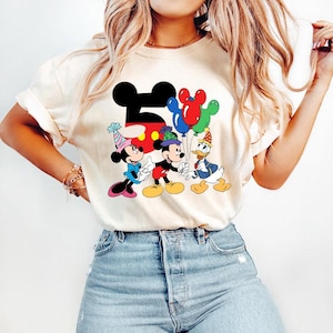 Custom Kid Toddler Name Age Mickey & Friends With Balloon Shirt, Personalized Mickey Mouse Birthday Present Gift, Disneyland Family Trip Tee