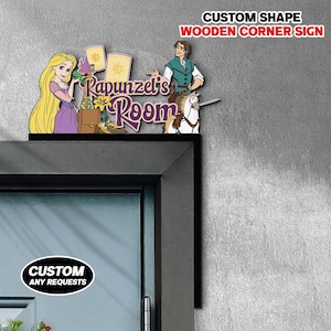 Personalized Disney Tangled Rapunzel Door Corner Sign - Rapunzel Wooden Door Topper with Rapunzel, Flynn, Pascal & Maximus, Bedroom Decor