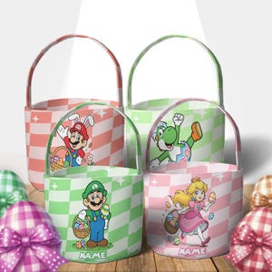 May include: Easter baskets with Mario, Luigi, Yoshi, and Princess Peach designs. Each basket has a checkered pattern in different colours, with a matching handle. The characters are holding Easter eggs and baskets. The word "NAME" is printed on the bottom of each basket.