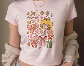 Coquette Rosett Prinsessan Peach Baby T-shirt Crop Linne, Prinsessan Peach Damtröja, Feeling Peachy T-shirt, Flicktröja Trip, Epic Universe T-shirt