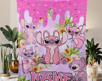 Personalized Angel Blanket, Stitch Angel Family Fleece Blanket, Stitch Angel Birthday Gifts, Christmas Gifts For Couples