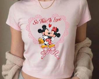 Camiseta de bebé con lazo coqueto de Disney Mickey Minnie Valentine, camiseta de bebé corta para mujer de Disney Couple WDW Disneyland Sweethearts Nite