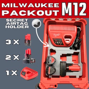 May include: Red Milwaukee Packout M12 tool case with a secret AirTag holder. The case contains a red charger, batteries, and battery holders. The text "MILWAUKEE PACKOUT M12" is at the top. The image shows 3 batteries, 2 batteries, and 1 charger.