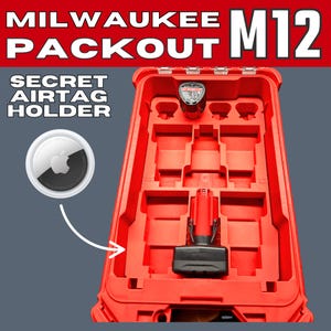 May include: Red Milwaukee Packout case with a secret AirTag holder. The case is open, revealing compartments for tools and accessories. The text "MILWAUKEE PACKOUT M12" is displayed at the top. An AirTag is shown next to the case.