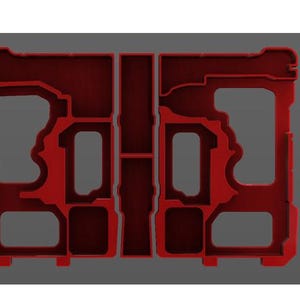 May include: Red tool organiser with cutouts for power tools and accessories. The image shows a drill, batteries, and a tape measure. The organiser is designed to hold various tools and keep them organised. The tools are red and black.