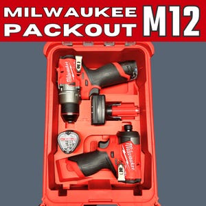 Può includere: Valigetta Packout rossa Milwaukee con utensili elettrici. La valigetta è aperta, rivelando un trapano, un avvitatore a impulsi e accessori. Gli utensili sono rossi e neri, con il logo Milwaukee. Il testo "MILWAUKEE PACKOUT M12" è in alto.