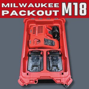 May include: Red Milwaukee Packout tool case containing a charger and two batteries. The case features the text "MILWAUKEE PACKOUT M18" in white and red. The charger is labelled "RAPIDCHARGE".