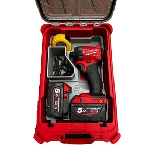 May include: A red and black tool case with a gray insert. The case contains a Milwaukee FUEL drill, two 5.0 Ah red lithium-ion batteries, and a yellow tape measure.