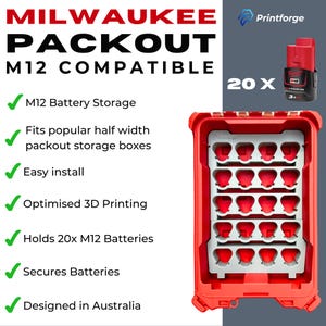 May include: Red Milwaukee Packout storage case with a gray insert designed to hold 20 M12 batteries. The case is compatible with popular half-width Packout storage boxes. The text "Printforge" is visible on the case.