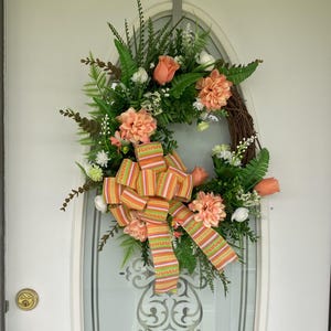 Spring and Summer Wreath for Front Door, Front Porch Wreath, Peach and White Wreath