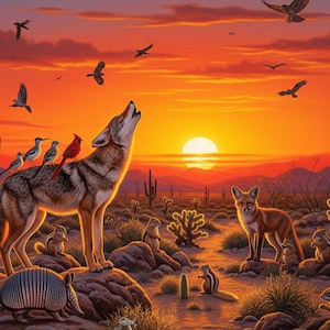 Coyote Sunset Art Print, Desert Wildlife Painting, Southwestern Wall Art, Nature Home Decor, Howling Coyote Gift
