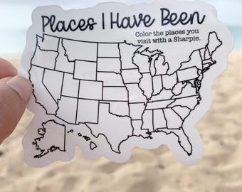 Places I Have Been Waterproof States Vinyl Sticker, States Traveled Sticker, Color United States Sticker, Road Trip Activity Sticker for Kid