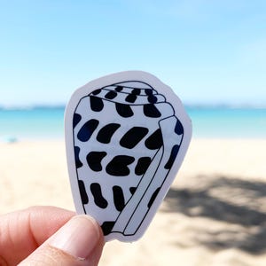 May include: A black and white patterned seashell sticker. The sticker is shaped like a seashell and has a white background with black spots.