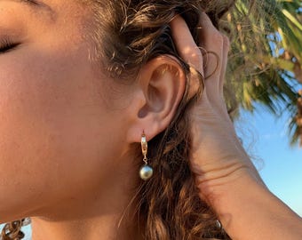 Tahitian Pearl Huggies, Tahitian Pearl Earrings, Pearl Earrings, Tahitian Pearl Hoops, Tahitian Pearl Jewelry, Gift for Mom, Gift for Wife