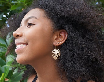 Monstera Earrings Large (14k Gold over Sterling Silver), Leaf Earrings, Tropical Earrings, Plant Earrings, Plant Lover Gift, Plant Mom Gift