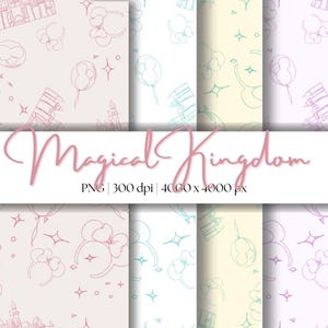 Peut inclure: Ensemble de six motifs de papier numérique avec un fond rose pâle, bleu pâle, jaune pâle et blanc avec un motif répété de château, d'oreilles de Mickey Mouse, de ballons et d'étoiles. Le texte "Magical Kingdom" est écrit en lettres cursives roses en haut de l'image. Le texte "PNG | 300 dpi | 4000 x 4000 px" est écrit en lettres noires sous le texte "Magical Kingdom".