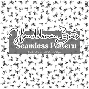 May include: A seamless pattern of hand-drawn bats in grey on a white backdrop. The image includes the text "Handdrawn Bats Seamless Pattern". The bats are evenly spaced, creating a repeating design.
